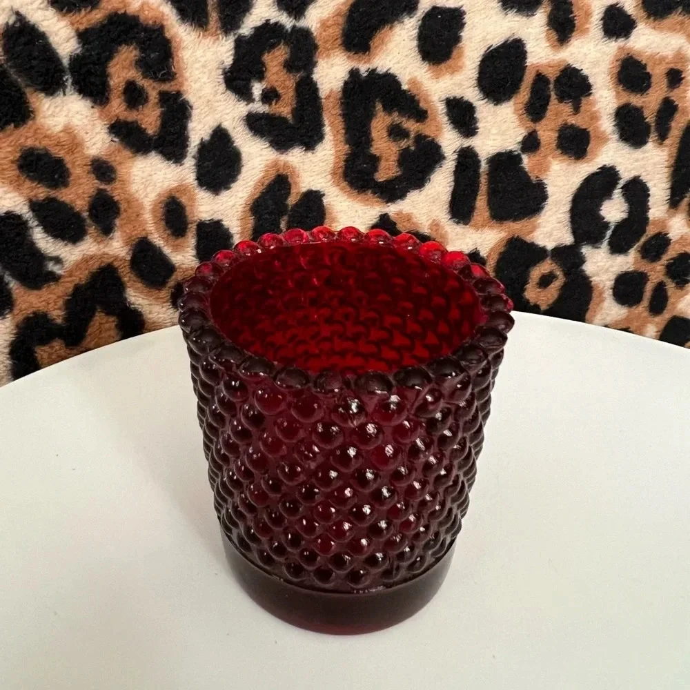 Vintage Red Glass Hobnail Votive Candle Toothpick Matchstick Trinket Holder